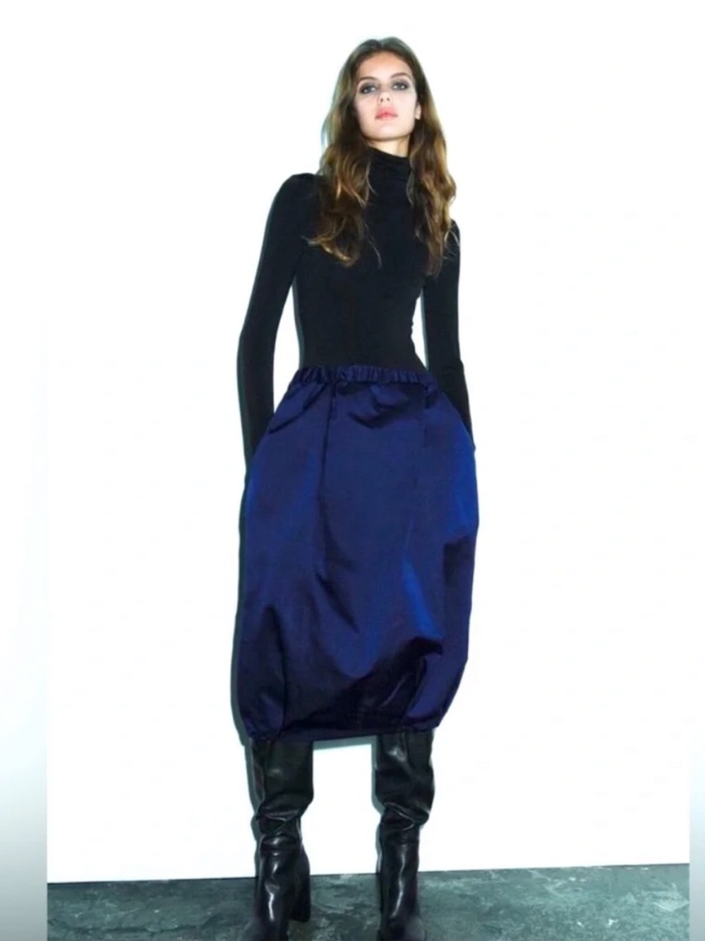 Zara Collection 14 A/W 2023 Taffeta Women's Navy Blue Balloon Midi Skirt, L - Picture 3 of 16